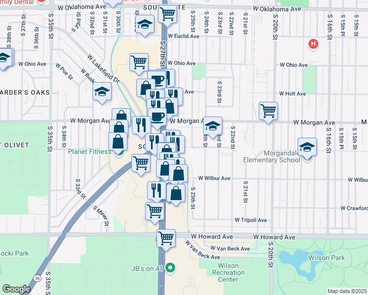 map of restaurants, bars, coffee shops, grocery stores, and more near 2525 West Warnimont Avenue in Milwaukee