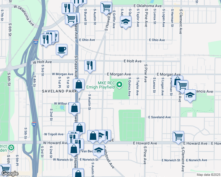 map of restaurants, bars, coffee shops, grocery stores, and more near 432 East Warnimont Avenue in Milwaukee