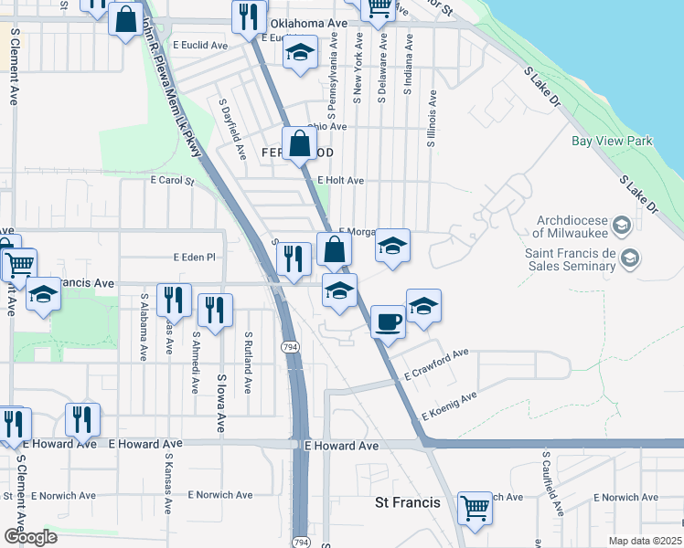 map of restaurants, bars, coffee shops, grocery stores, and more near 3567 South Kinnickinnic Avenue in Saint Francis