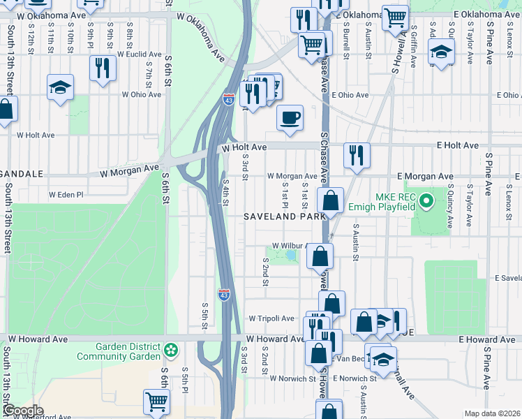 map of restaurants, bars, coffee shops, grocery stores, and more near 3571 South 2nd Street in Milwaukee