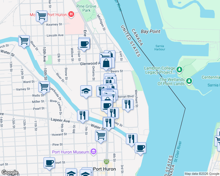 map of restaurants, bars, coffee shops, grocery stores, and more near 411 Andrew Murphy Avenue in Port Huron