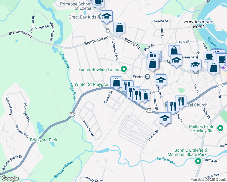 map of restaurants, bars, coffee shops, grocery stores, and more near 176 Front Street in Exeter