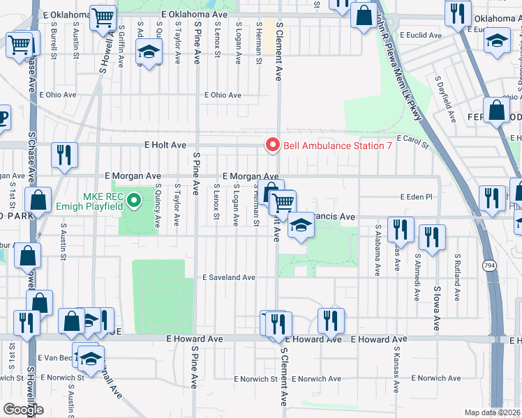 map of restaurants, bars, coffee shops, grocery stores, and more near 3566 South Herman Street in Milwaukee