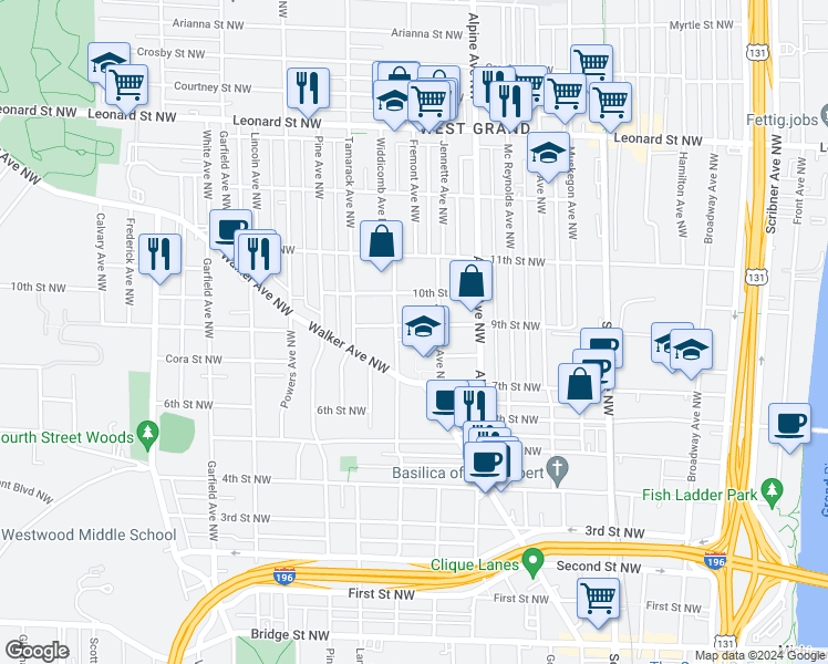 map of restaurants, bars, coffee shops, grocery stores, and more near 866 9th Street Northwest in Grand Rapids