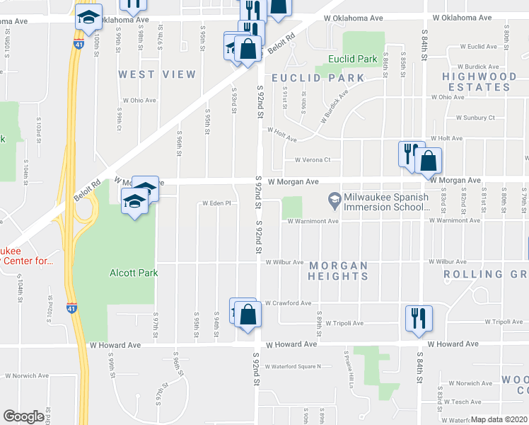 map of restaurants, bars, coffee shops, grocery stores, and more near 3562 South 92nd Street in Milwaukee