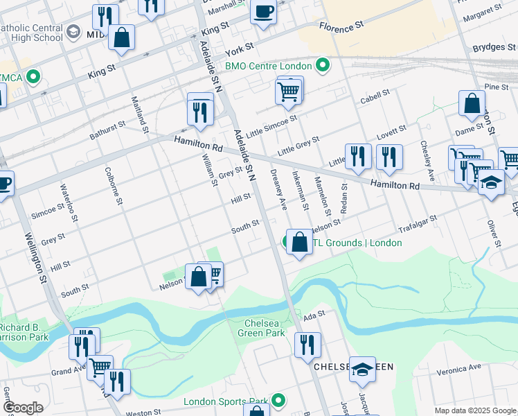 map of restaurants, bars, coffee shops, grocery stores, and more near 109 Adelaide Street North in London