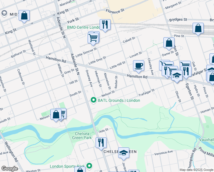 map of restaurants, bars, coffee shops, grocery stores, and more near 99 Mamelon Street in London