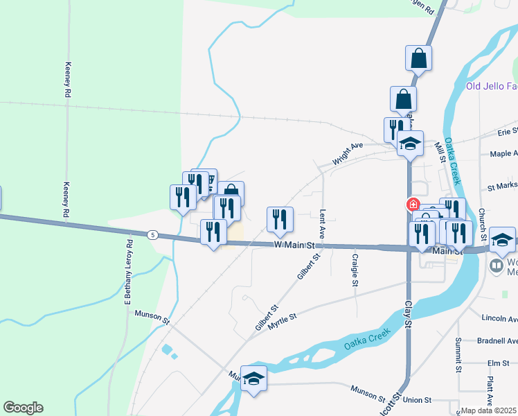map of restaurants, bars, coffee shops, grocery stores, and more near 1 West Avenue in Le Roy