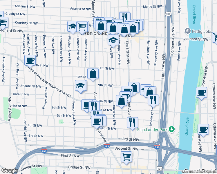 map of restaurants, bars, coffee shops, grocery stores, and more near 710 9th Street Northwest in Grand Rapids
