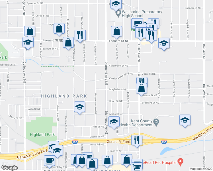 map of restaurants, bars, coffee shops, grocery stores, and more near 911 Diamond Ave NE in Grand Rapids