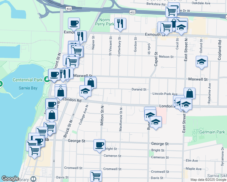 map of restaurants, bars, coffee shops, grocery stores, and more near 245 Durand Street in Sarnia