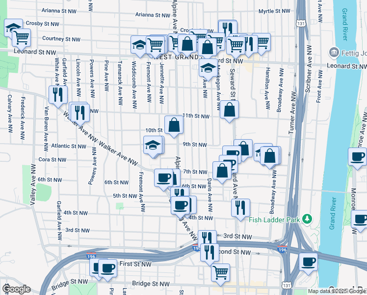 map of restaurants, bars, coffee shops, grocery stores, and more near 730 9th Street Northwest in Grand Rapids