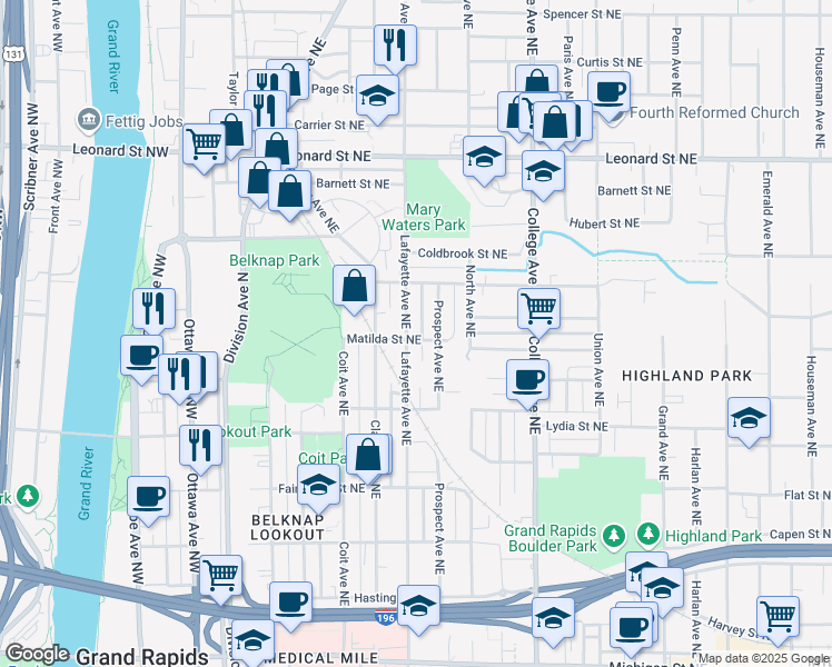 map of restaurants, bars, coffee shops, grocery stores, and more near 900 Lafayette Ave NE in Grand Rapids