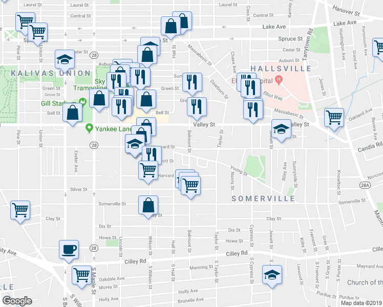 map of restaurants, bars, coffee shops, grocery stores, and more near 231 Belmont Street in Manchester