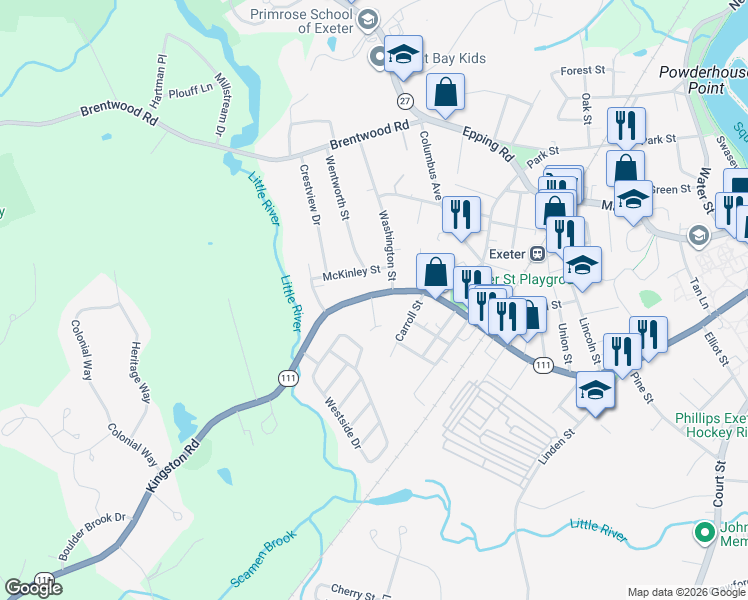 map of restaurants, bars, coffee shops, grocery stores, and more near 202 Front Street in Exeter