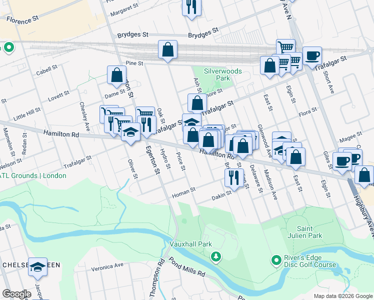 map of restaurants, bars, coffee shops, grocery stores, and more near 659 Hamilton Road in London