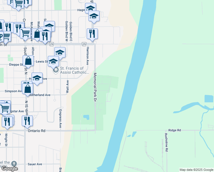 map of restaurants, bars, coffee shops, grocery stores, and more near 91 Quebec Avenue in Welland