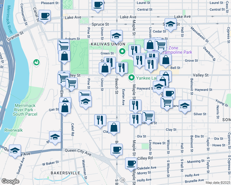 map of restaurants, bars, coffee shops, grocery stores, and more near 194 Beech Street in Manchester