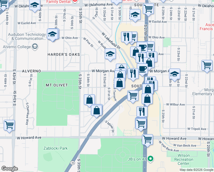 map of restaurants, bars, coffee shops, grocery stores, and more near 3576 South 32nd Street in Greenfield
