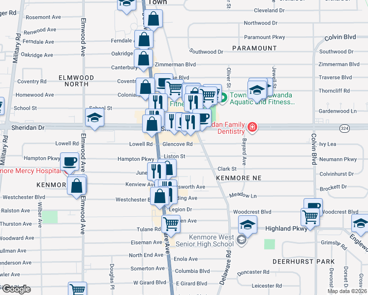 map of restaurants, bars, coffee shops, grocery stores, and more near 59 Glencove Road in Buffalo