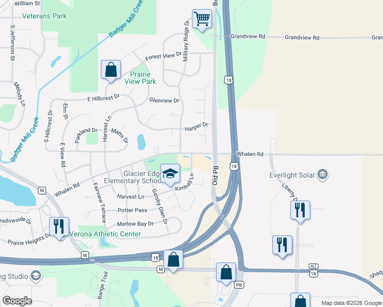 map of restaurants, bars, coffee shops, grocery stores, and more near Whalen Road & Kimball Lane in Verona
