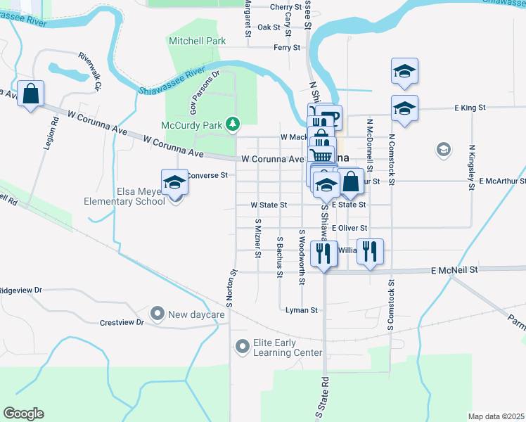 map of restaurants, bars, coffee shops, grocery stores, and more near 319 West State Street in Corunna
