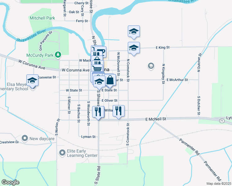 map of restaurants, bars, coffee shops, grocery stores, and more near 212 East State Street in Corunna