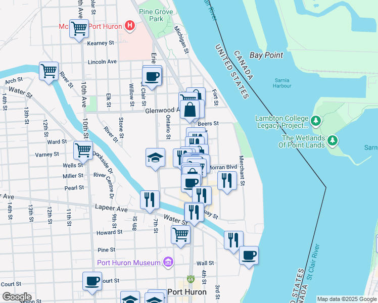 map of restaurants, bars, coffee shops, grocery stores, and more near 500-598 Andrew Murphy Ave in Port Huron