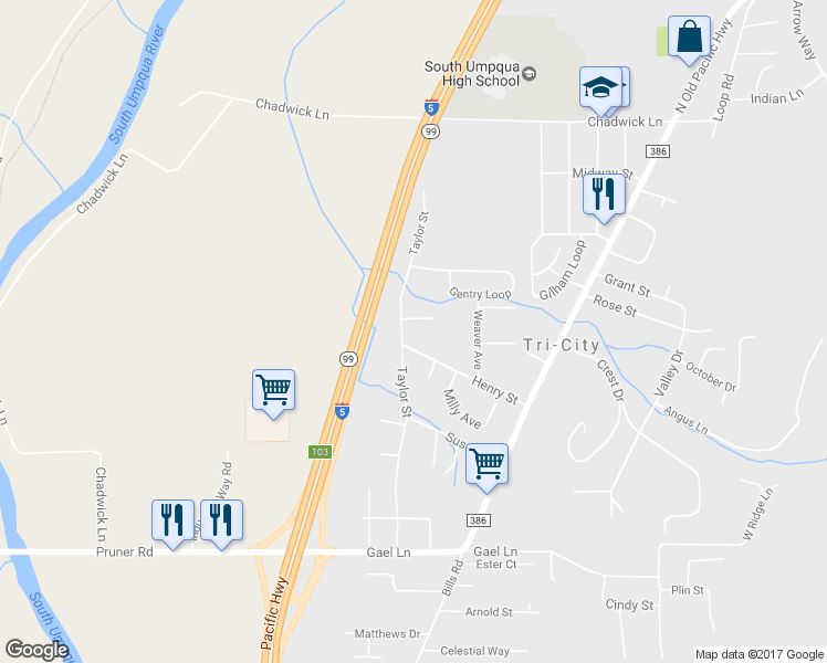 map of restaurants, bars, coffee shops, grocery stores, and more near 135 Pamela Court in Myrtle Creek