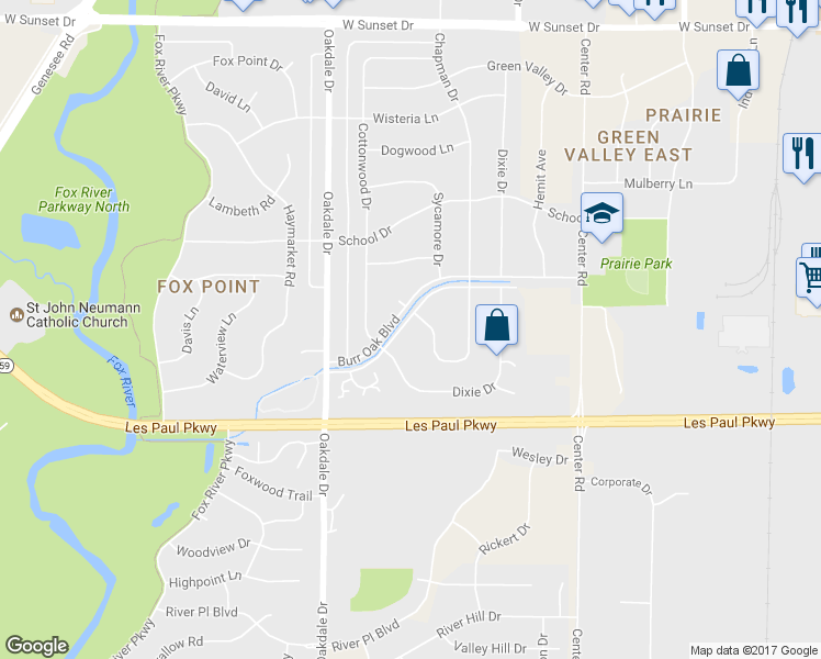 map of restaurants, bars, coffee shops, grocery stores, and more near 1129 Burr Oak Boulevard in Waukesha