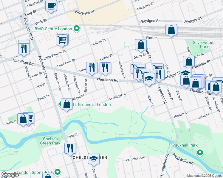 map of restaurants, bars, coffee shops, grocery stores, and more near 77 Anderson Avenue in London