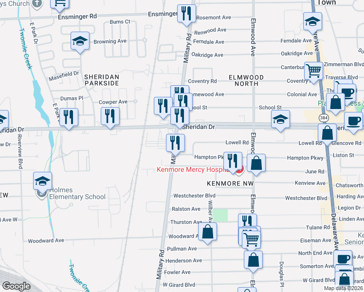 map of restaurants, bars, coffee shops, grocery stores, and more near 1557 Military Road in Buffalo