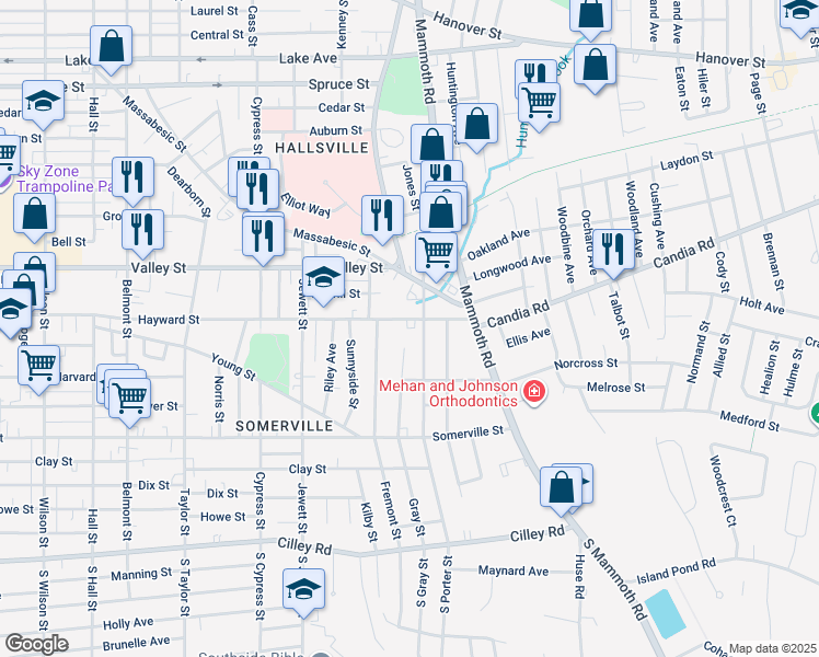 map of restaurants, bars, coffee shops, grocery stores, and more near 1131 Hayward Street in Manchester