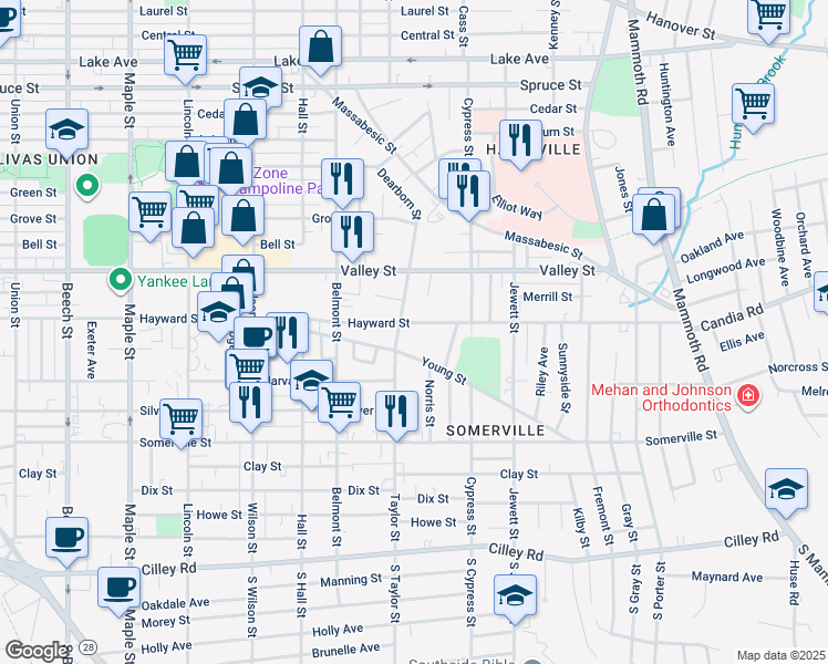 map of restaurants, bars, coffee shops, grocery stores, and more near 823 Hayward Street in Manchester