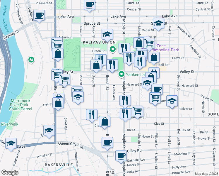 map of restaurants, bars, coffee shops, grocery stores, and more near 194 Beech Street in Manchester