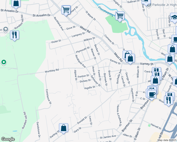 map of restaurants, bars, coffee shops, grocery stores, and more near 224 Sylvester Street in Manchester