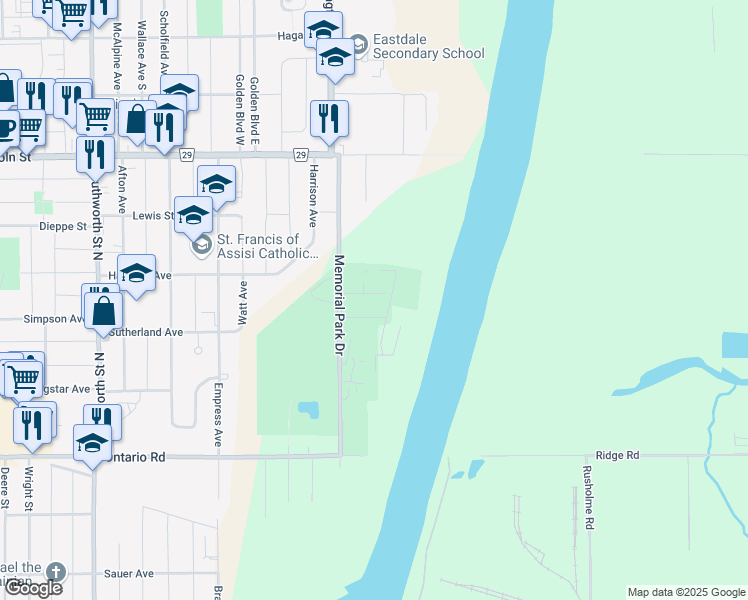 map of restaurants, bars, coffee shops, grocery stores, and more near 91 Quebec Avenue in Welland