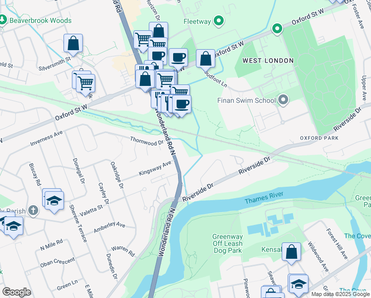 map of restaurants, bars, coffee shops, grocery stores, and more near 589 Wonderland Road North in London