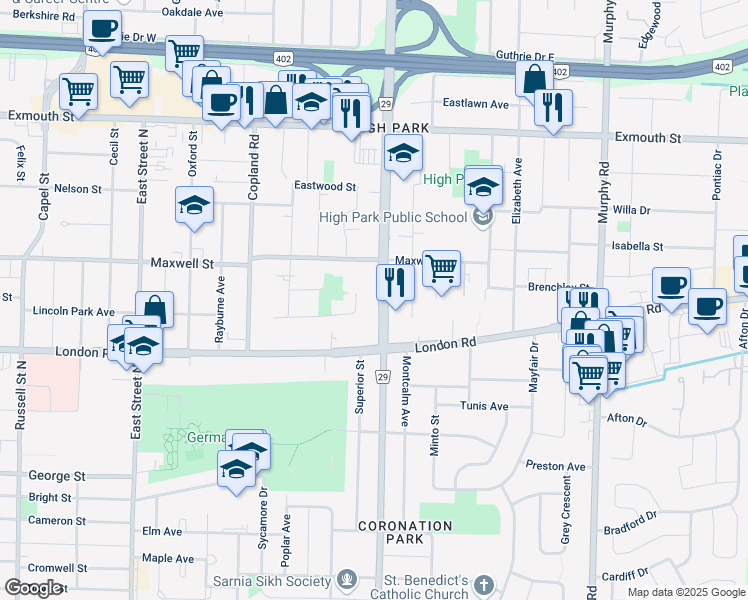 map of restaurants, bars, coffee shops, grocery stores, and more near 920 Assiniboine Crescent in Sarnia
