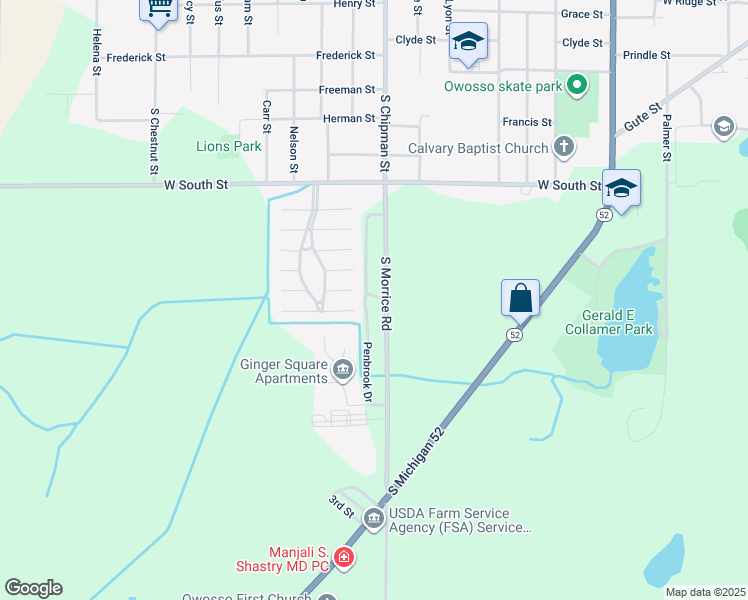map of restaurants, bars, coffee shops, grocery stores, and more near 1910 South Chipman Street in Owosso