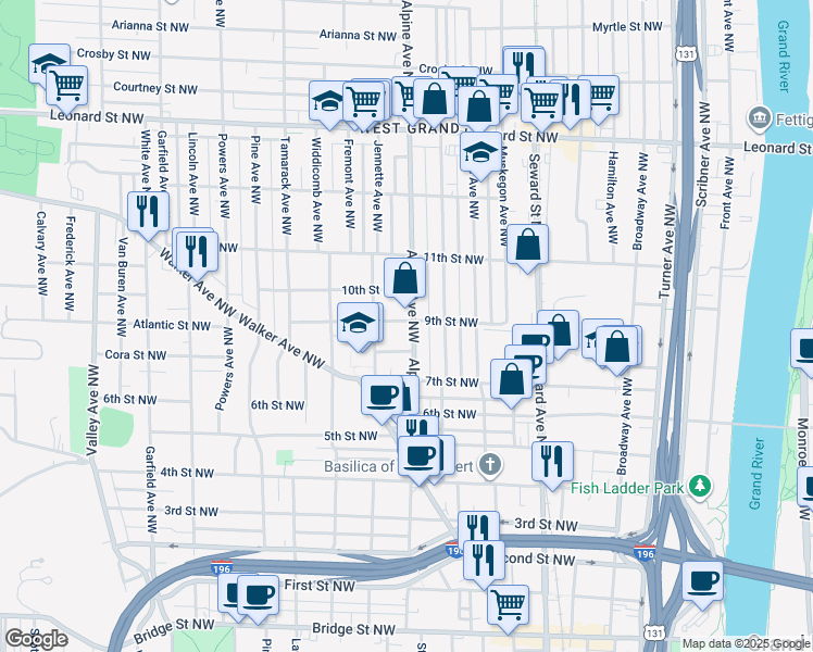 map of restaurants, bars, coffee shops, grocery stores, and more near 730 9th Street Northwest in Grand Rapids