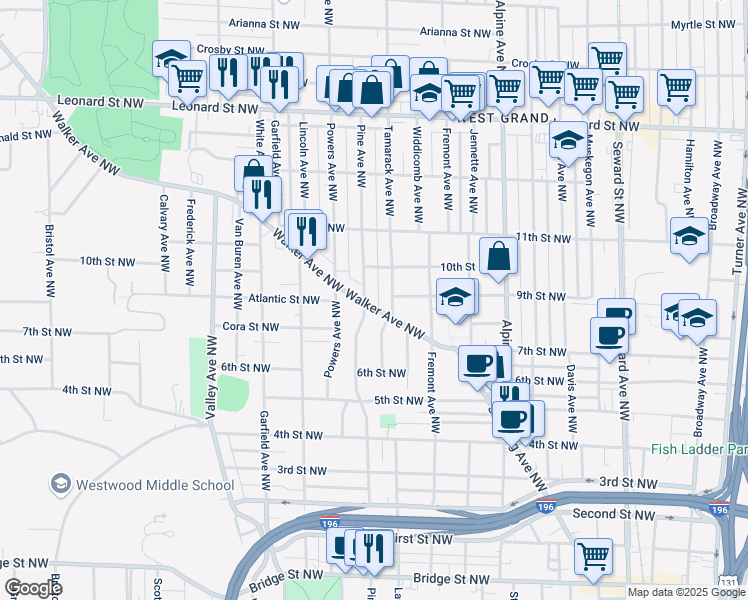 map of restaurants, bars, coffee shops, grocery stores, and more near 1021 Walker Avenue Northwest in Grand Rapids