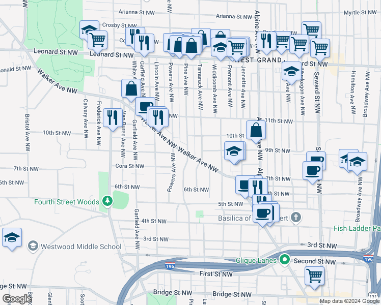 map of restaurants, bars, coffee shops, grocery stores, and more near 1021 Walker Avenue Northwest in Grand Rapids