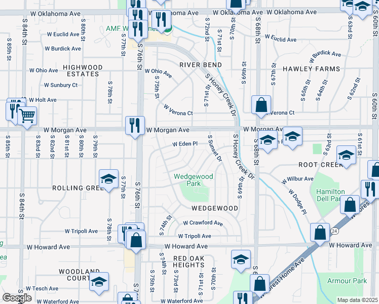map of restaurants, bars, coffee shops, grocery stores, and more near 7242 West Georgia Avenue in Milwaukee