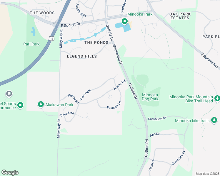 map of restaurants, bars, coffee shops, grocery stores, and more near 1704 Hunter Road in Waukesha