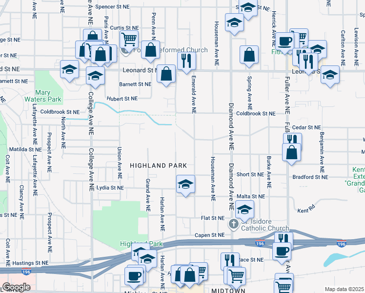 map of restaurants, bars, coffee shops, grocery stores, and more near 912 Eastern Avenue Northeast in Grand Rapids