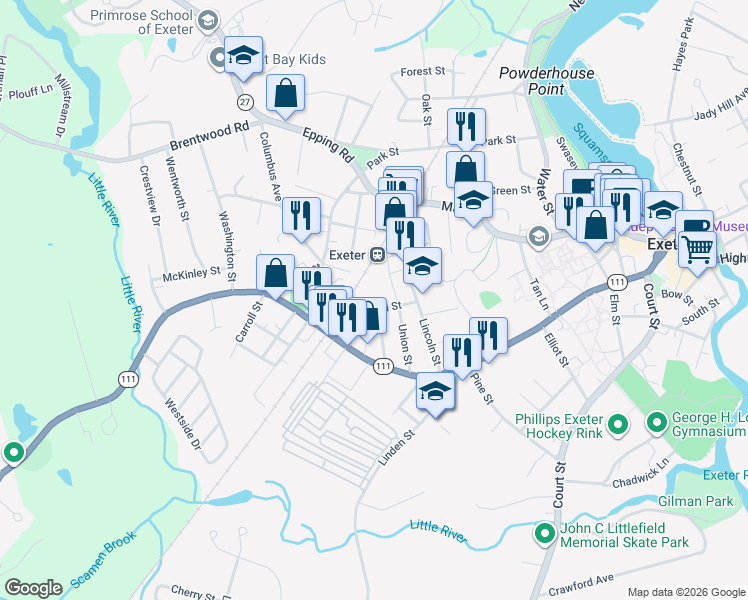 map of restaurants, bars, coffee shops, grocery stores, and more near 27 Garfield Street in Exeter