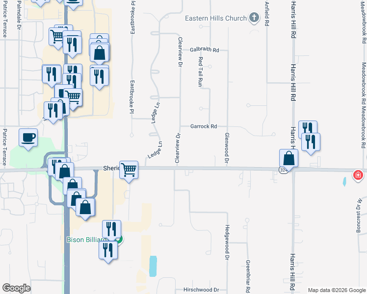 map of restaurants, bars, coffee shops, grocery stores, and more near 4853 Clearview Drive in Buffalo