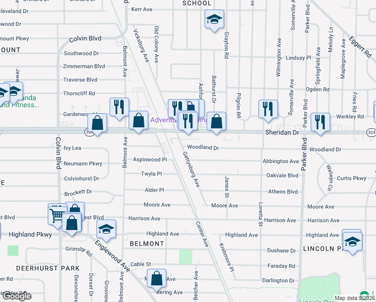 map of restaurants, bars, coffee shops, grocery stores, and more near 143 Woodland Drive in Buffalo
