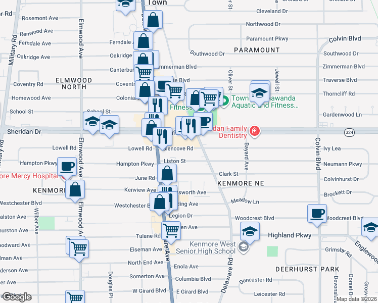 map of restaurants, bars, coffee shops, grocery stores, and more near 59 Glencove Road in Buffalo